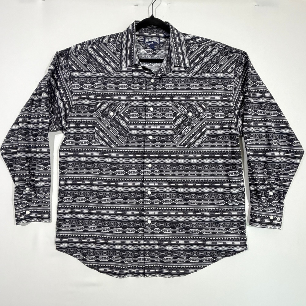Panhandle Mens Shirt Large Black White Aztec Southwestern Pearl Snap Cowboy